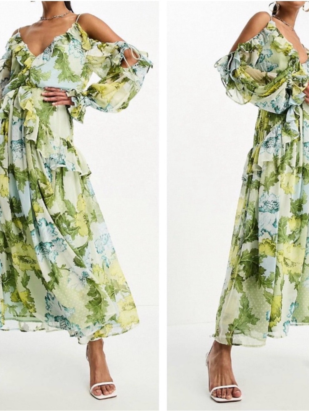 ASOS Green and Blue Floral Cold-Shoulder Maxi Dress